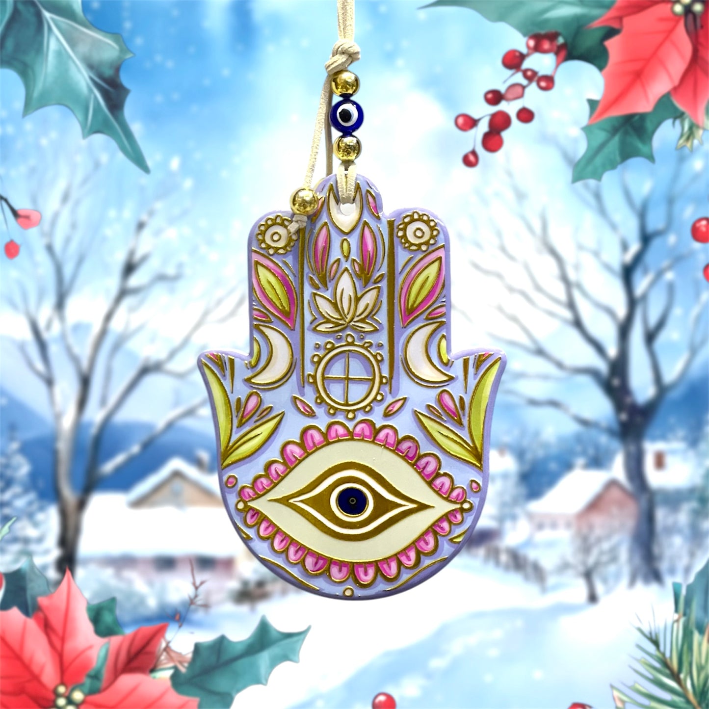 Hamsa Wall Hanging Blue Eye Ceramic Gold Charm, Good Luck Amulets 🪬 Wall Art,Home Decor,Fatima Hand
