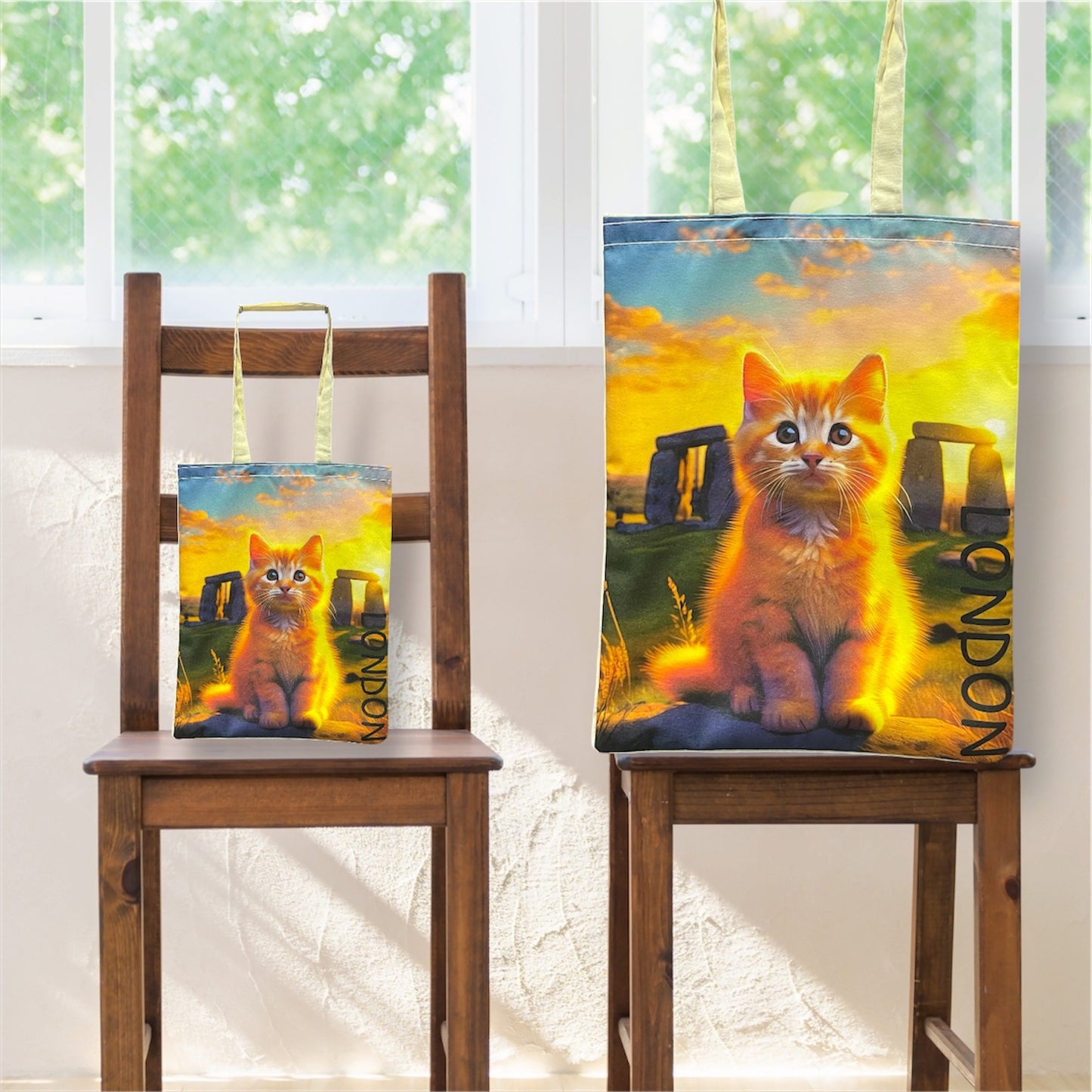 Cute Cat Print Tote Bags,London Cat Art Bag,Reusable Shopping Bag with Cats,Eco-Friendly Cat Canvas Bag,Stonehenge Cat Bag For Animal Lovers,Valentine’s Day Gift For Her
