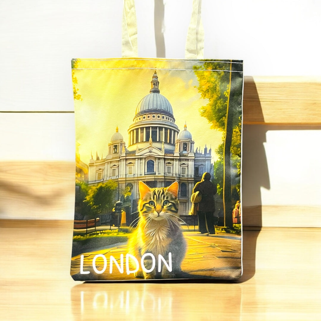 Cute Cat Print Tote Bags,London Cat Art Bag,Reusable Shopping Bag with Cats,Eco-Friendly Cat Canvas Bag,Stonehenge Cat Bag For Animal Lovers,Valentine’s Day Gift For Her