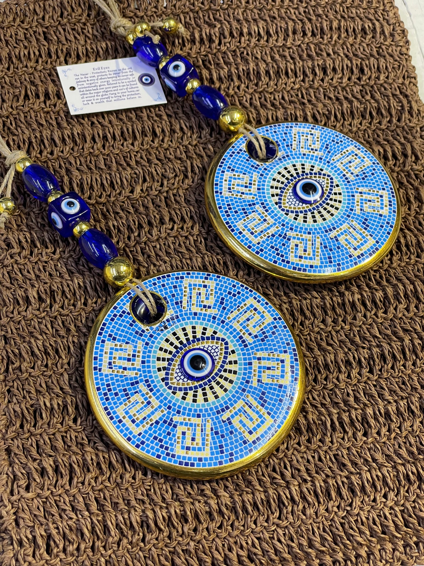 Gold Plated Blue Eye Mosaic Tile Design, Premium Glass Beads Wall Decor,Spiritual Gift for Family,Unique Home Blessing Ornament,Housewarming