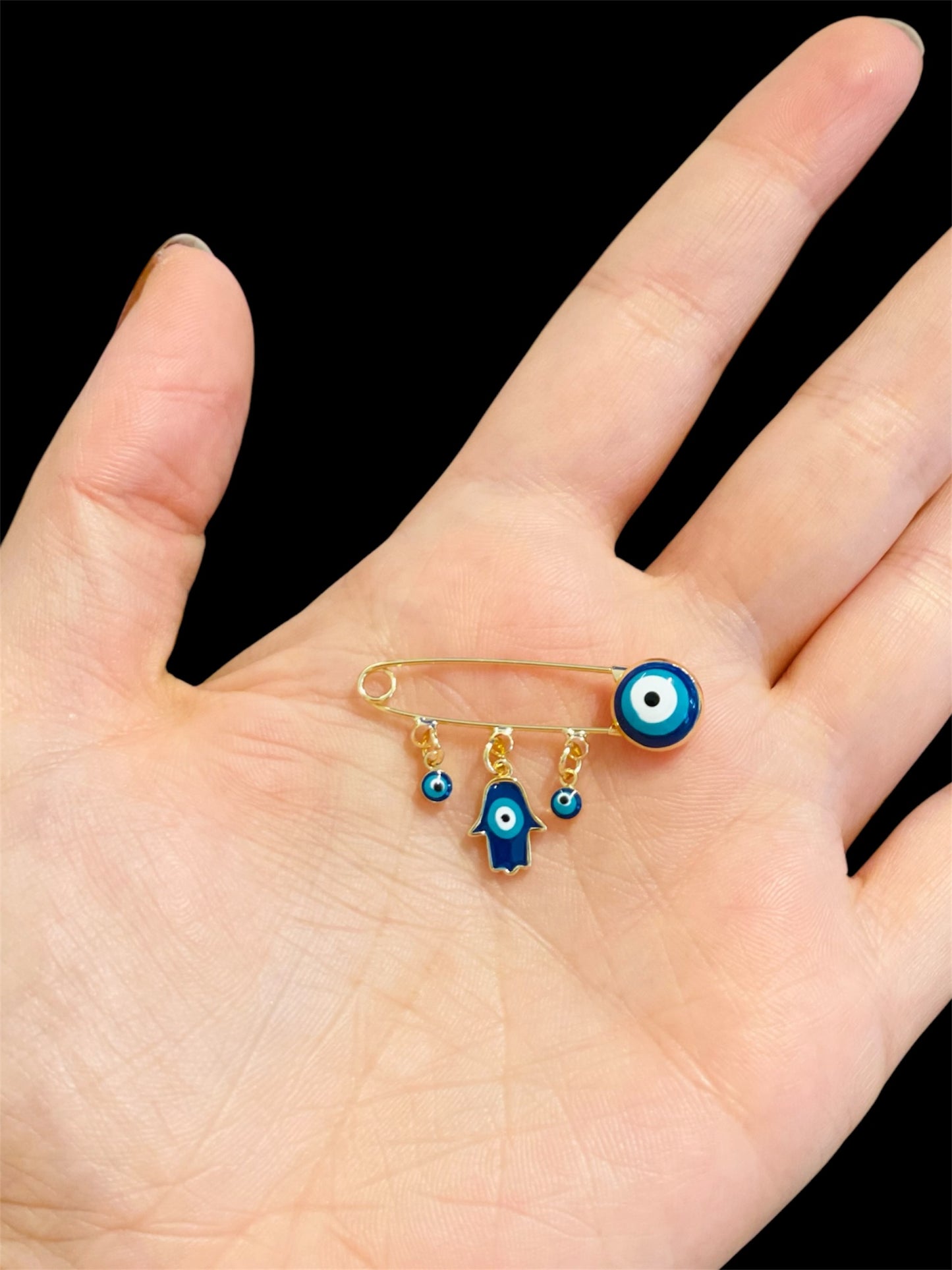 Evil Eye Safety Pin Cross Brooch With Loops,Baby Shower Gift Baptism Birth Announcement Evil Eye Protection Baby Shower Gift Pin Gold Plated