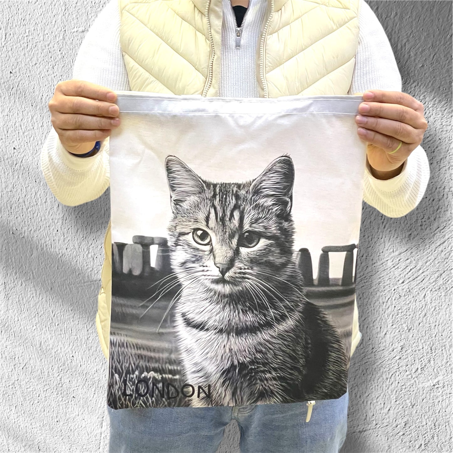 Cute Cat Print Tote Bags,London Cat Art Bag,Reusable Shopping Bag with Cats,Eco-Friendly Cat Canvas Bag,Stonehenge Cat Bag For Animal Lovers,Valentine’s Day Gift For Her