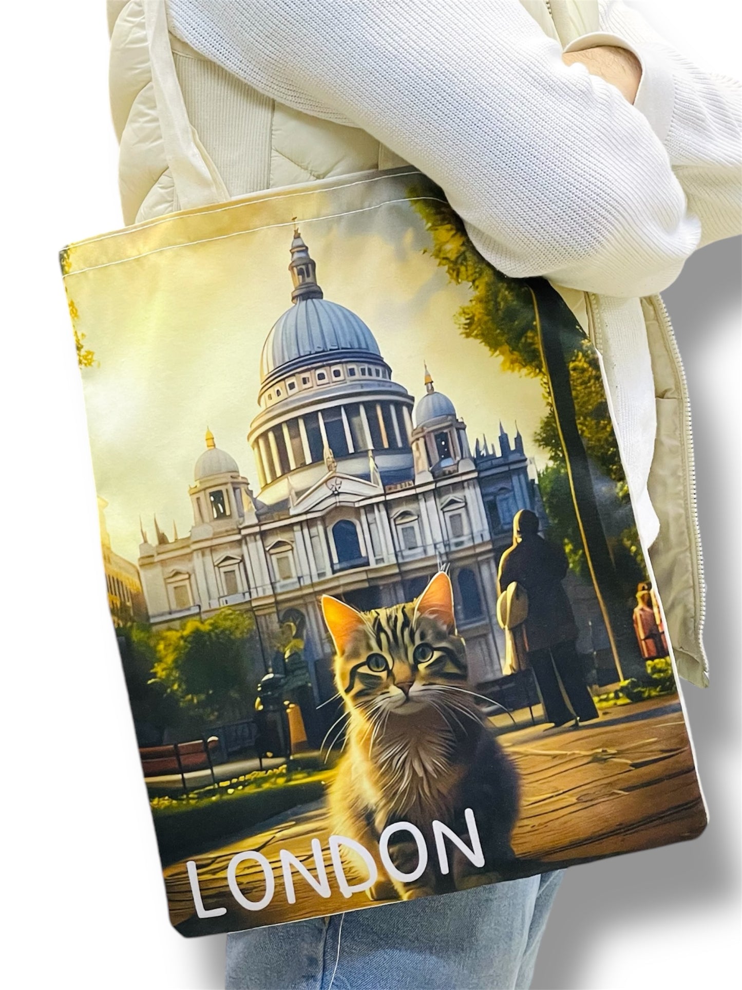 Cute Cat Print Tote Bags,London Cat Art Bag,Reusable Shopping Bag with Cats,Eco-Friendly Cat Canvas Bag,Stonehenge Cat Bag For Animal Lovers,Valentine’s Day Gift For Her