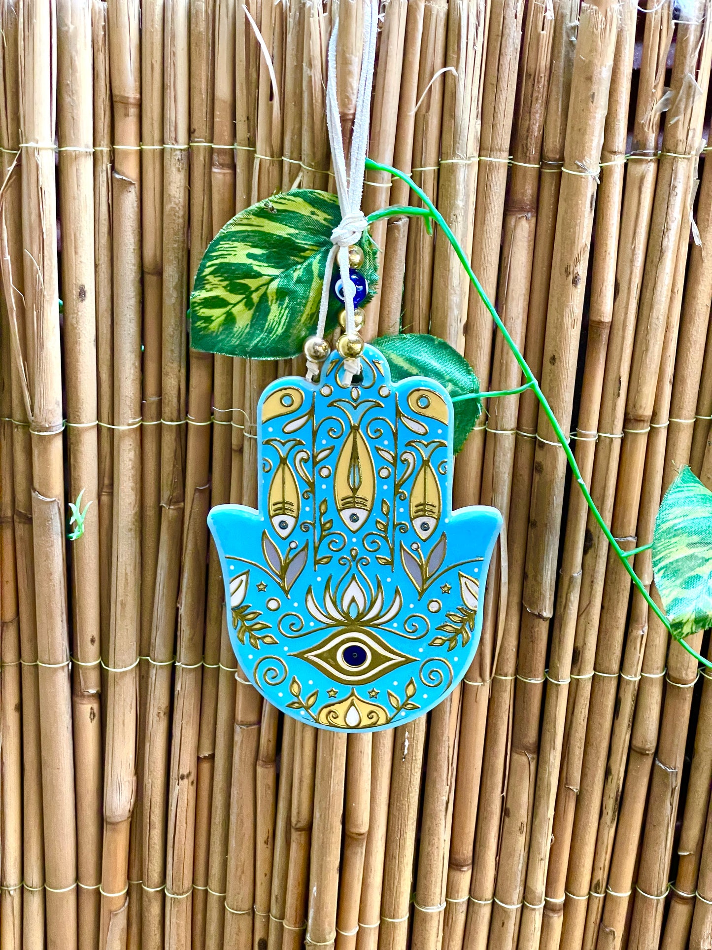 Hamsa Wall Hanging Blue Eye Ceramic Gold Charm, Good Luck Amulets 🪬 Wall Art,Home Decor,Fatima Hand