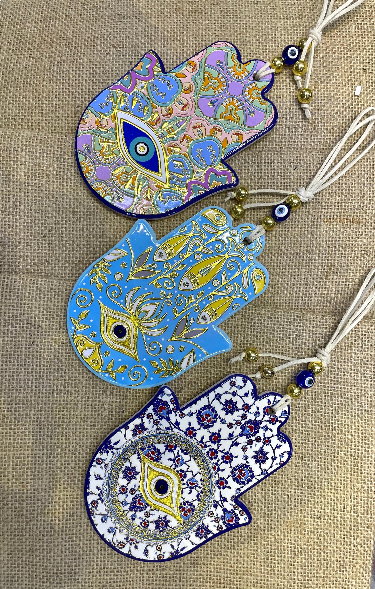 Hamsa Wall Hanging Blue Eye Ceramic Gold Charm, Good Luck Amulets 🪬 Wall Art,Home Decor,Fatima Hand