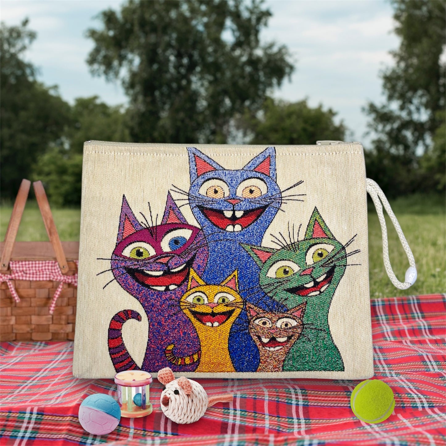 Funny Smiling Cat Canvas Bag,Cartoon Cat Design Tapestry Handbag Durable and Eco Friendly DesignOrganiser,Zipper Clutch Cute Cat Lovers Tote