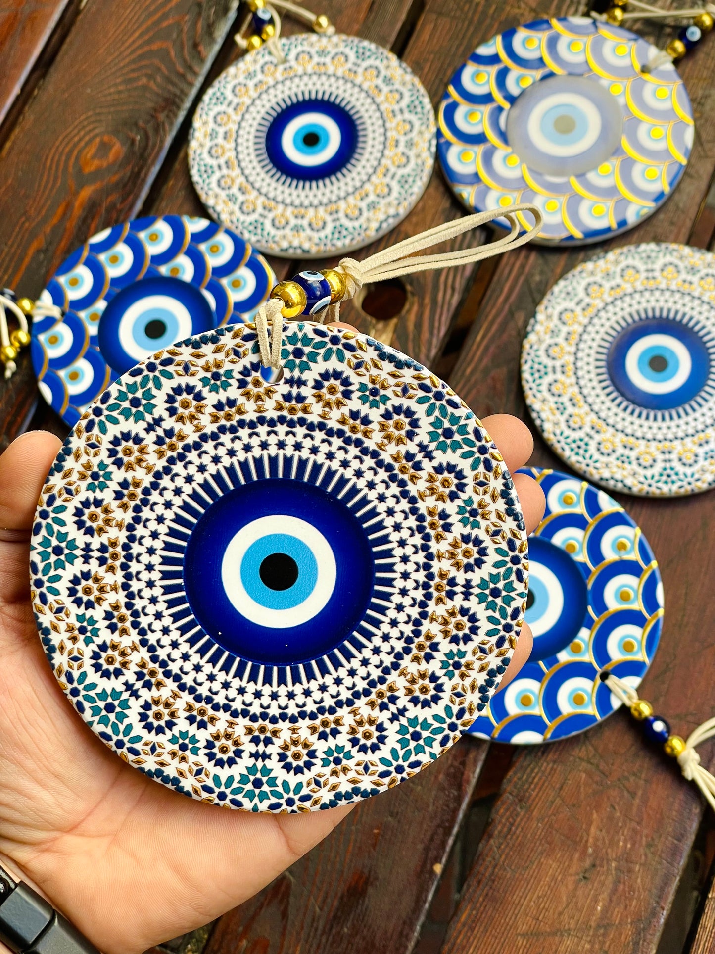 Ceramic Gold Decorated Blue Eye Wall Hanging,New Home Gift. Wall Art, Minimalist Eye Decor’ Ceramic Ornaments Christmas Gifts