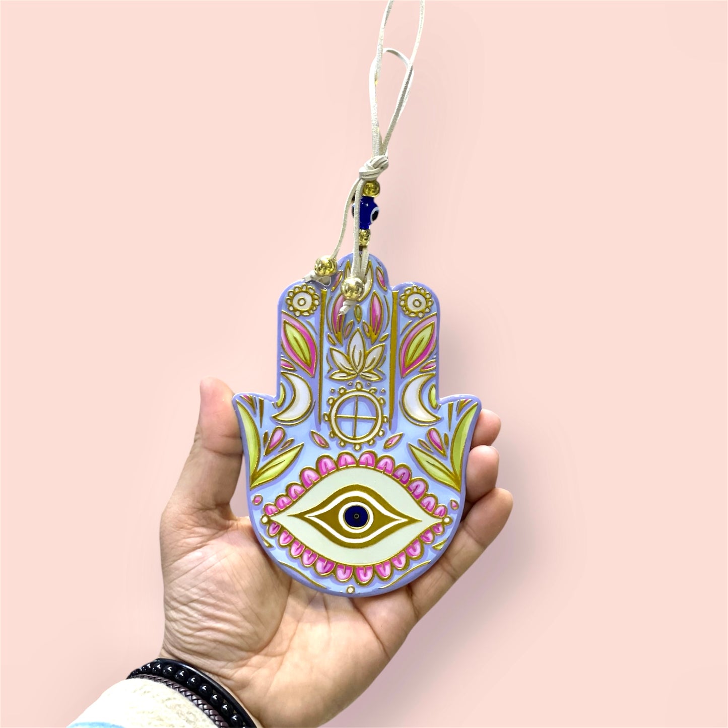 Hamsa Wall Hanging Blue Eye Ceramic Gold Charm, Good Luck Amulets 🪬 Wall Art,Home Decor,Fatima Hand