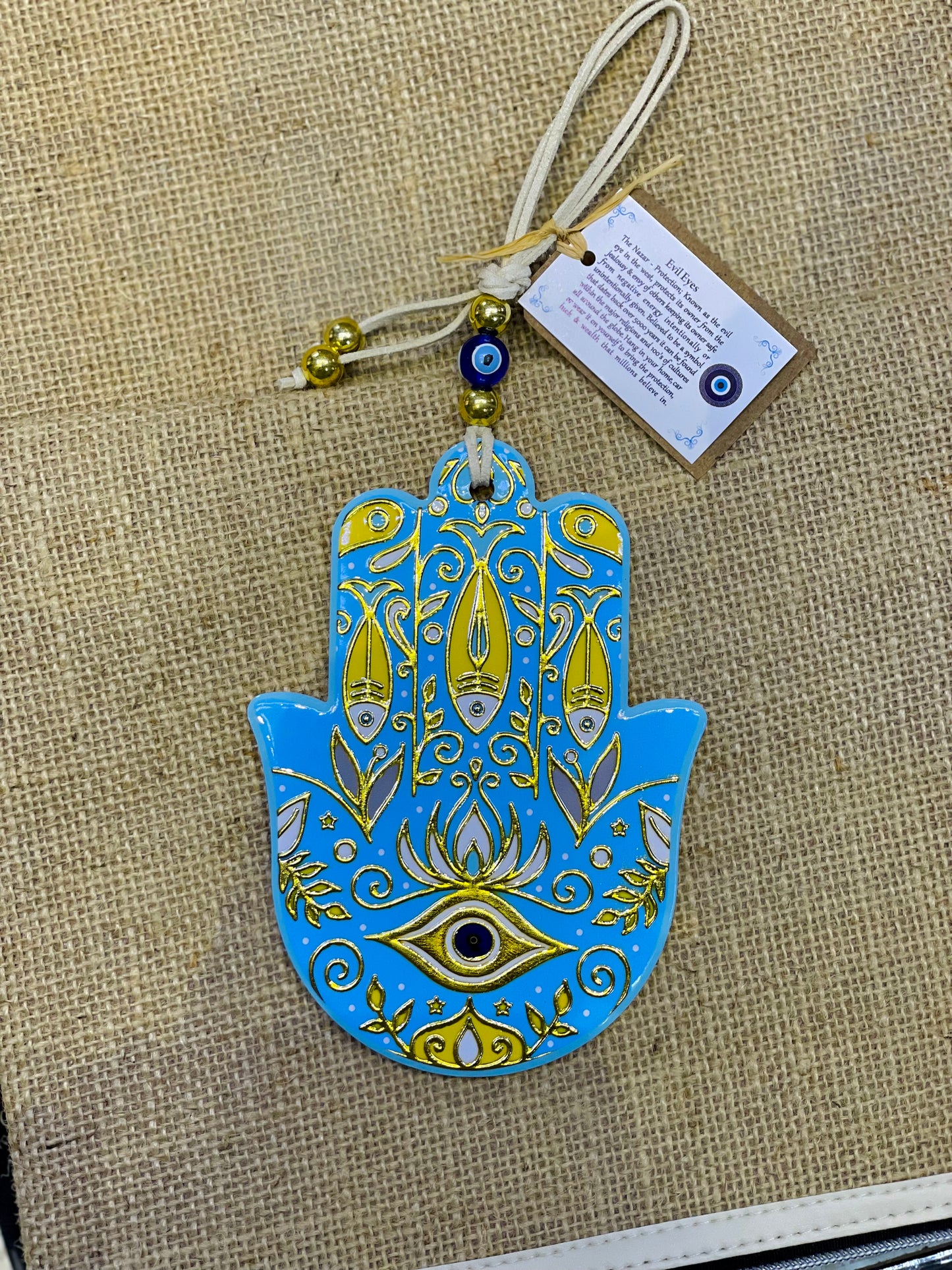 Hamsa Wall Hanging Blue Eye Ceramic Gold Charm, Good Luck Amulets 🪬 Wall Art,Home Decor,Fatima Hand
