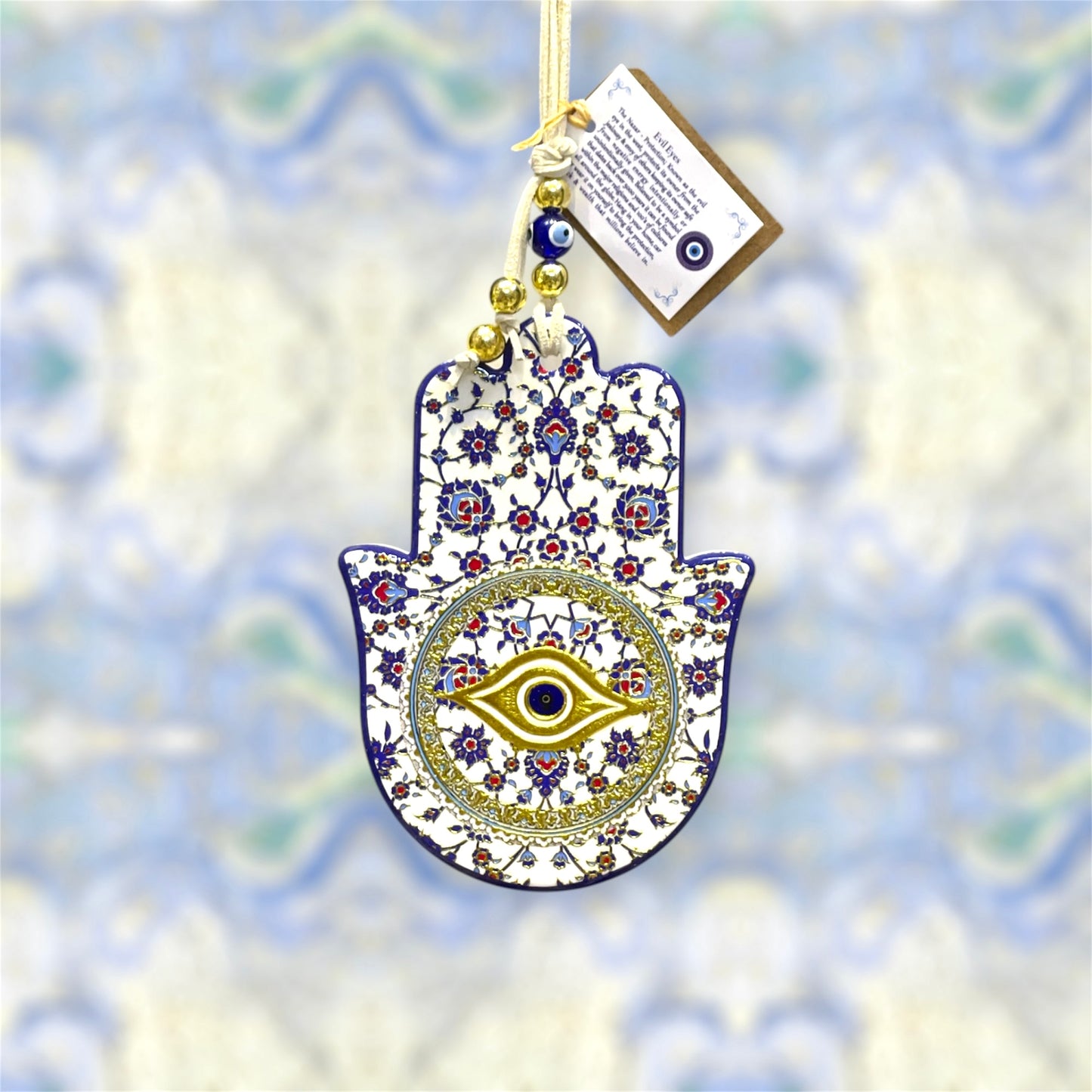 Hamsa Wall Hanging Blue Eye Ceramic Gold Charm, Good Luck Amulets 🪬 Wall Art,Home Decor,Fatima Hand