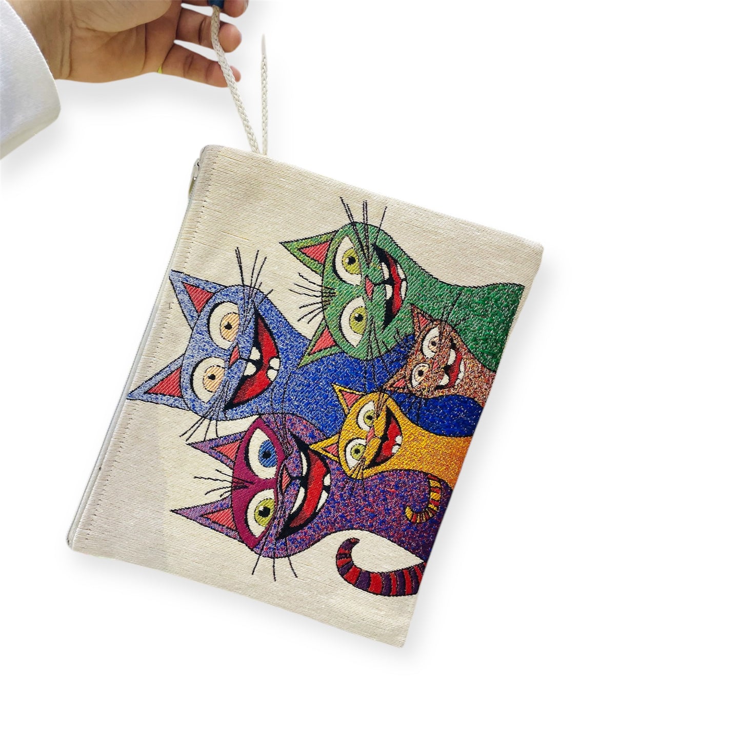 Funny Smiling Cat Canvas Bag,Cartoon Cat Design Tapestry Handbag Durable and Eco Friendly DesignOrganiser,Zipper Clutch Cute Cat Lovers Tote