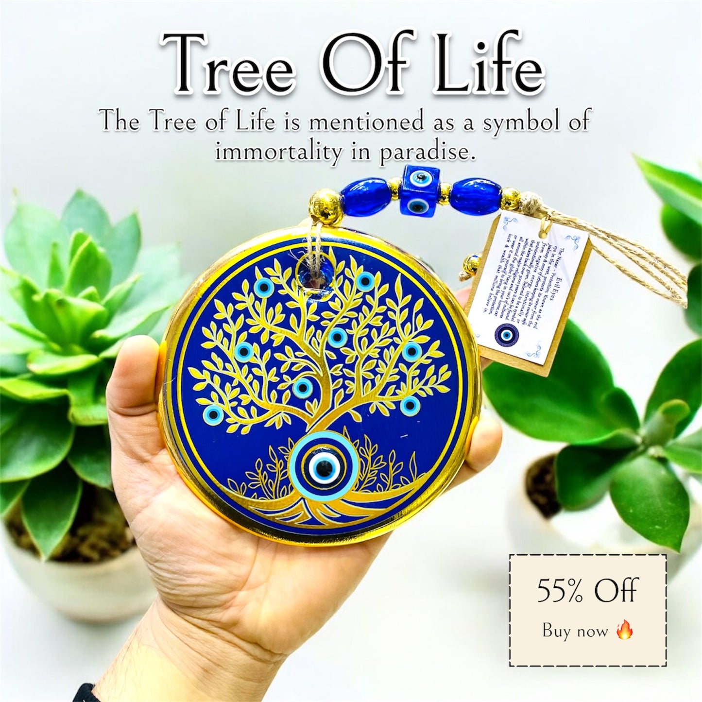 Tree Of Life Blue Eye Gold Stunning Christmas Charm,Unique Good Luck Gift Wall Hanging,Mandala Christmas Ornaments, turkish ornaments,Good Luck Gift