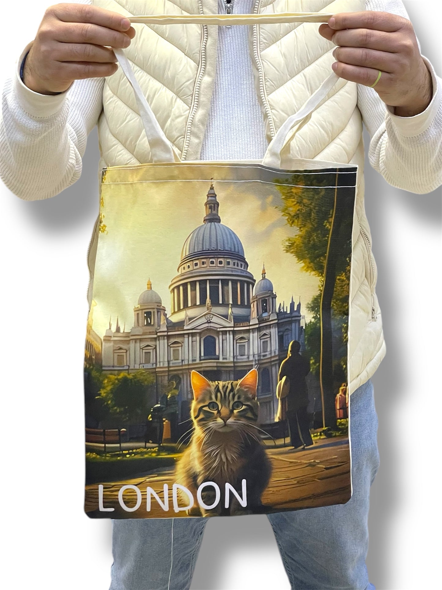 Cute Cat Print Tote Bags,London Cat Art Bag,Reusable Shopping Bag with Cats,Eco-Friendly Cat Canvas Bag,Stonehenge Cat Bag For Animal Lovers,Valentine’s Day Gift For Her