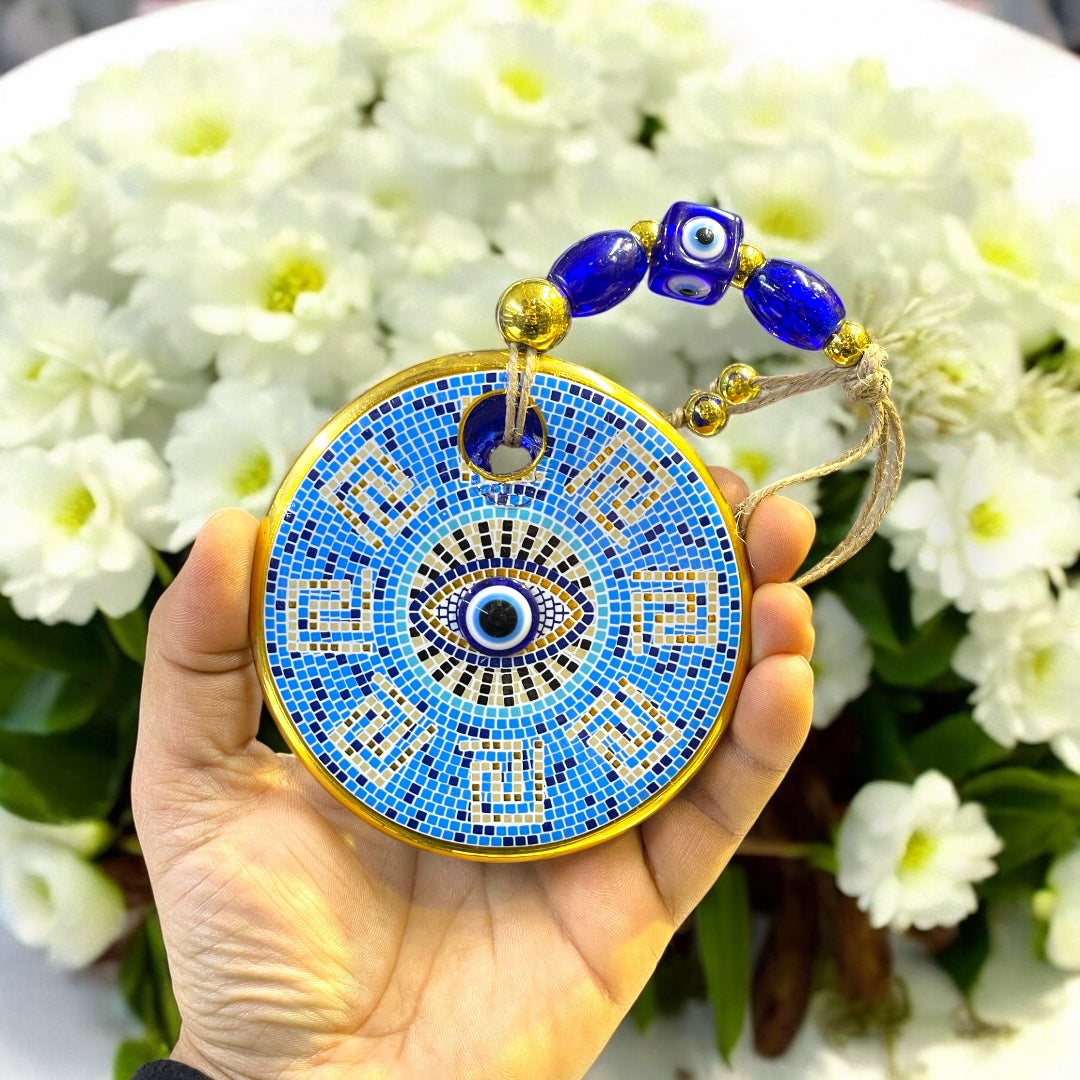Gold Plated Blue Eye Mosaic Tile Design, Premium Glass Beads Wall Decor,Spiritual Gift for Family,Unique Home Blessing Ornament,Housewarming