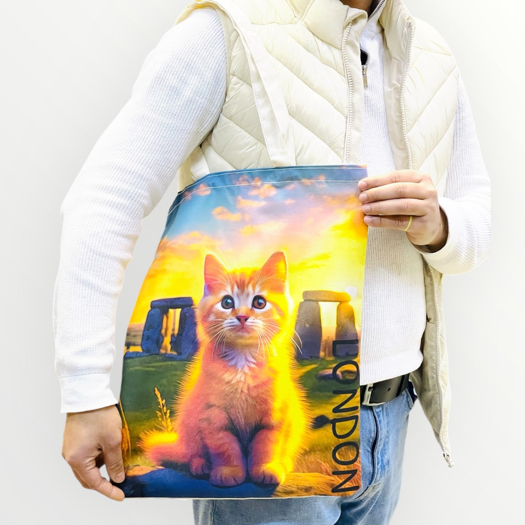 Cute Cat Print Tote Bags,London Cat Art Bag,Reusable Shopping Bag with Cats,Eco-Friendly Cat Canvas Bag,Stonehenge Cat Bag For Animal Lovers,Valentine’s Day Gift For Her