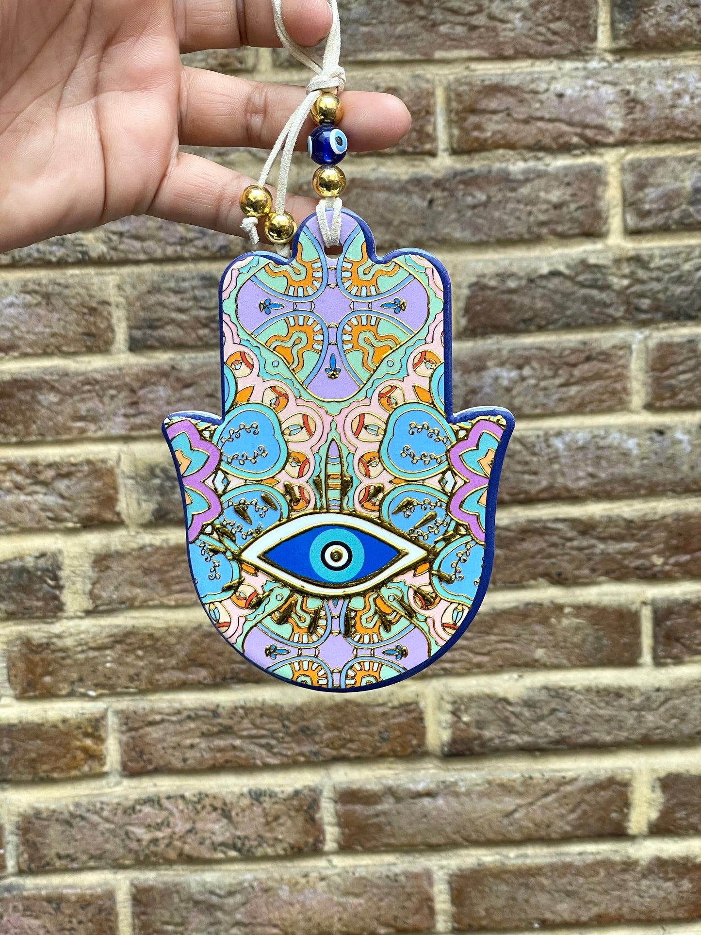 Hamsa Wall Hanging Blue Eye Ceramic Gold Charm, Good Luck Amulets 🪬 Wall Art,Home Decor,Fatima Hand