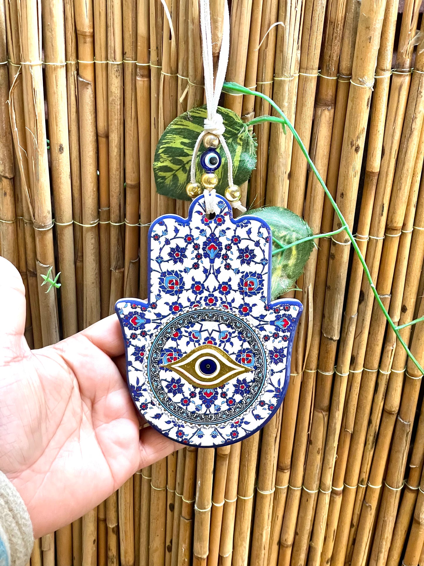 Hamsa Wall Hanging Blue Eye Ceramic Gold Charm, Good Luck Amulets 🪬 Wall Art,Home Decor,Fatima Hand