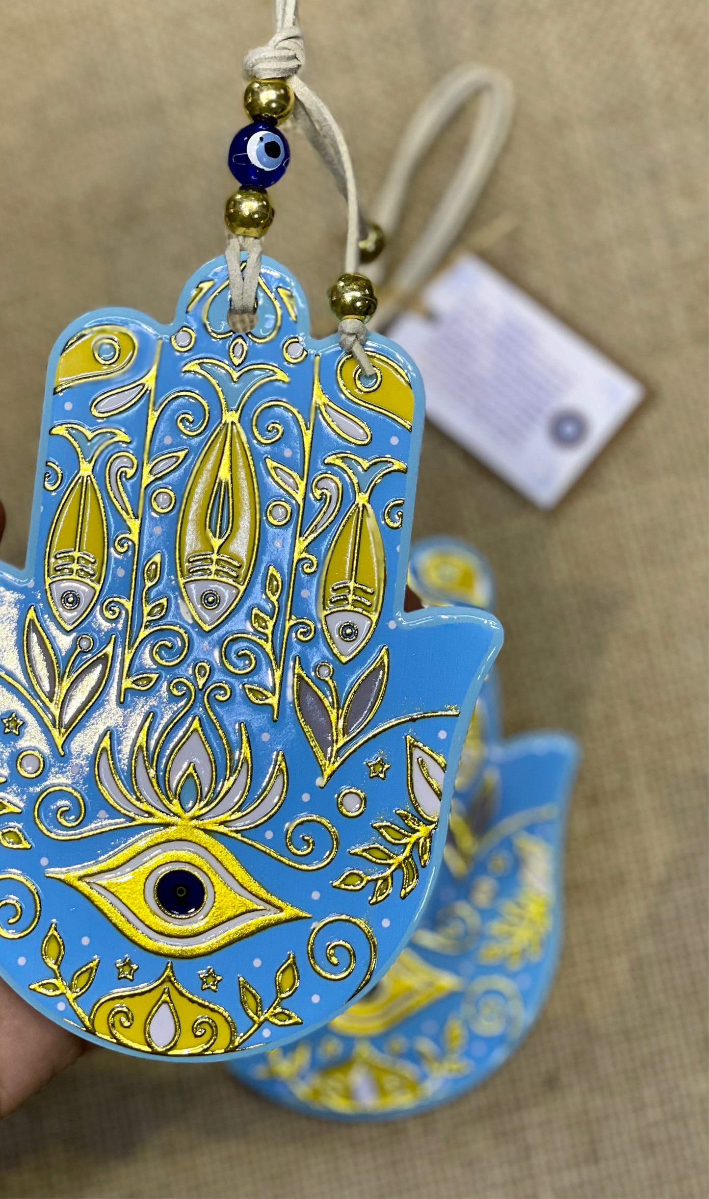 Hamsa Wall Hanging Blue Eye Ceramic Gold Charm, Good Luck Amulets 🪬 Wall Art,Home Decor,Fatima Hand