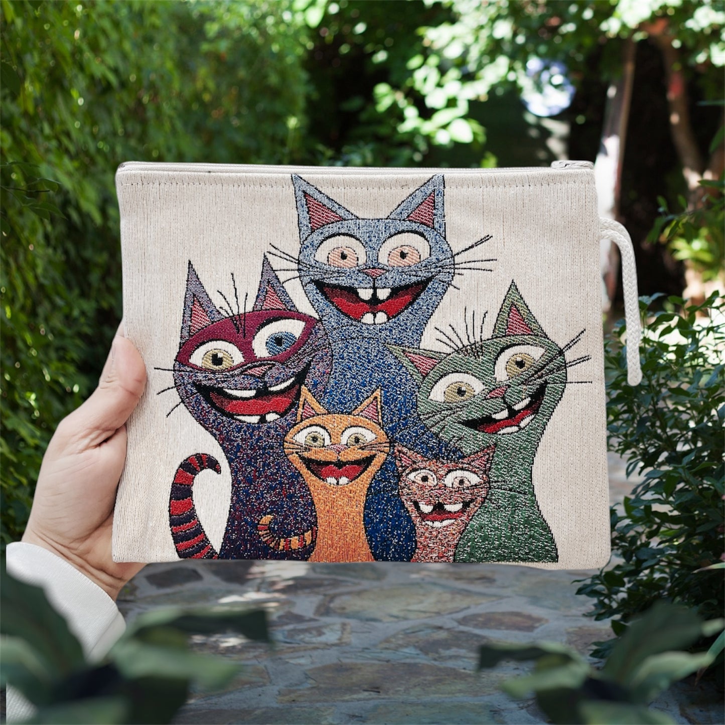 Funny Smiling Cat Canvas Bag,Cartoon Cat Design Tapestry Handbag Durable and Eco Friendly DesignOrganiser,Zipper Clutch Cute Cat Lovers Tote