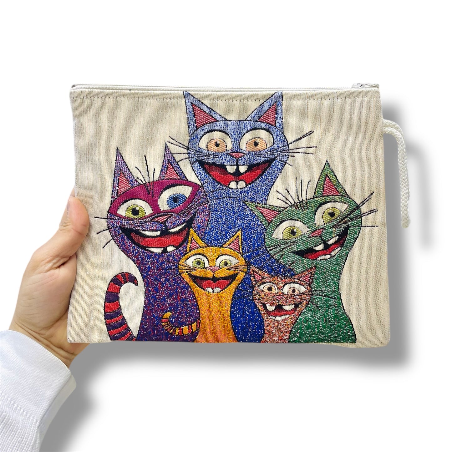 Funny Smiling Cat Canvas Bag,Cartoon Cat Design Tapestry Handbag Durable and Eco Friendly DesignOrganiser,Zipper Clutch Cute Cat Lovers Tote