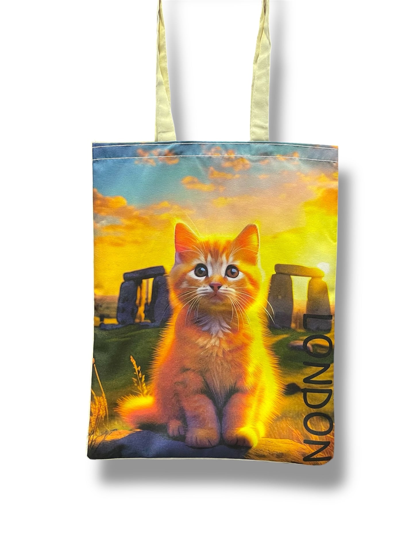 Cute Cat Print Tote Bags,London Cat Art Bag,Reusable Shopping Bag with Cats,Eco-Friendly Cat Canvas Bag,Stonehenge Cat Bag For Animal Lovers,Valentine’s Day Gift For Her