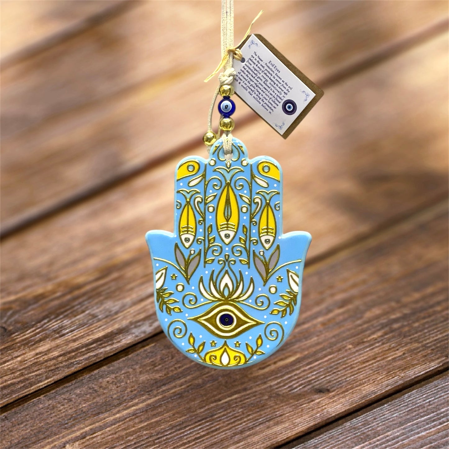 Hamsa Wall Hanging Blue Eye Ceramic Gold Charm, Good Luck Amulets 🪬 Wall Art,Home Decor,Fatima Hand