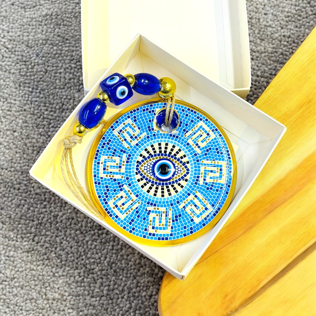 Gold Plated Blue Eye Mosaic Tile Design, Premium Glass Beads Wall Decor,Spiritual Gift for Family,Unique Home Blessing Ornament,Housewarming