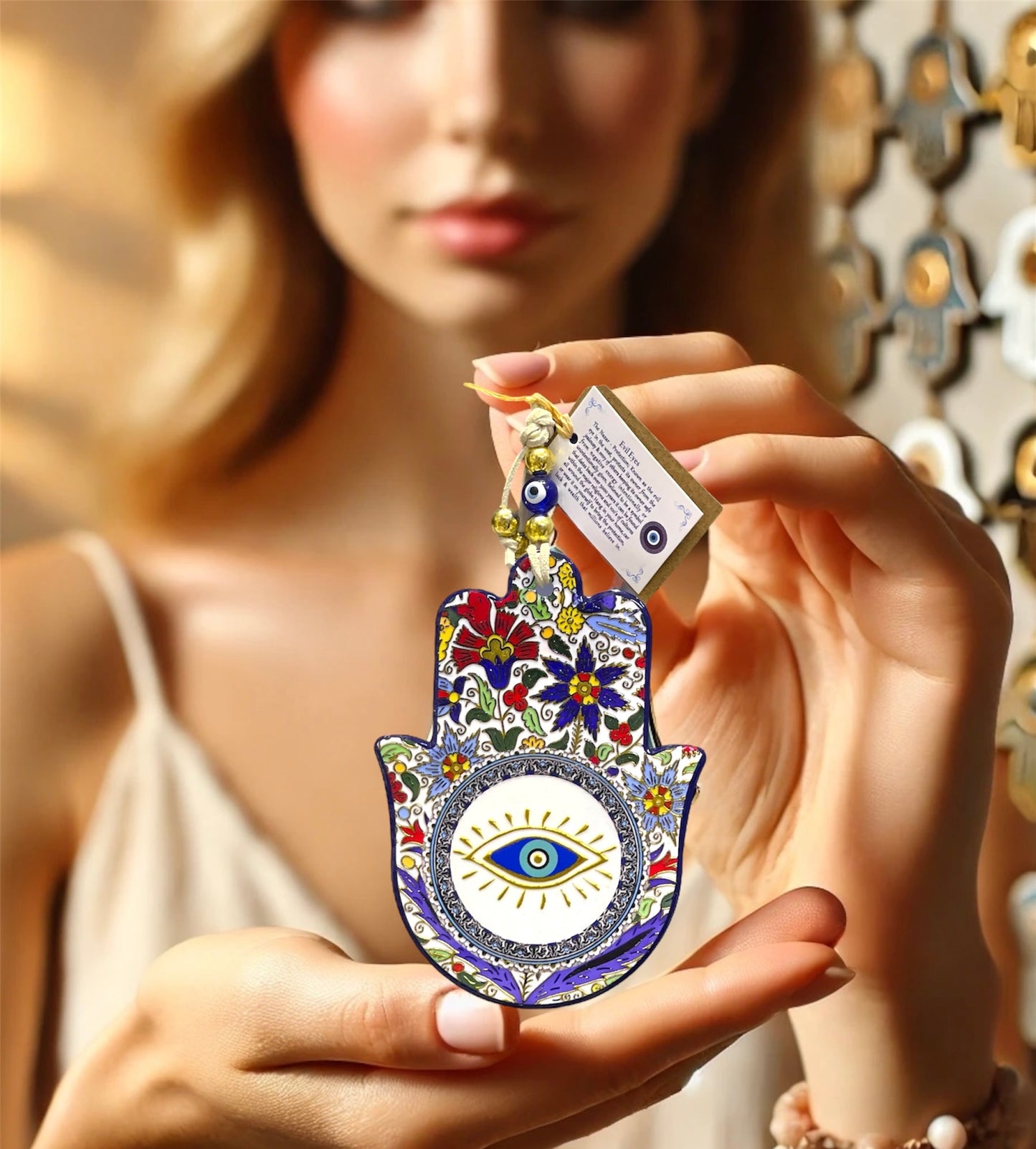 Hamsa Wall Hanging Blue Eye Ceramic Gold Charm, Good Luck Amulets 🪬 Wall Art,Home Decor,Fatima Hand