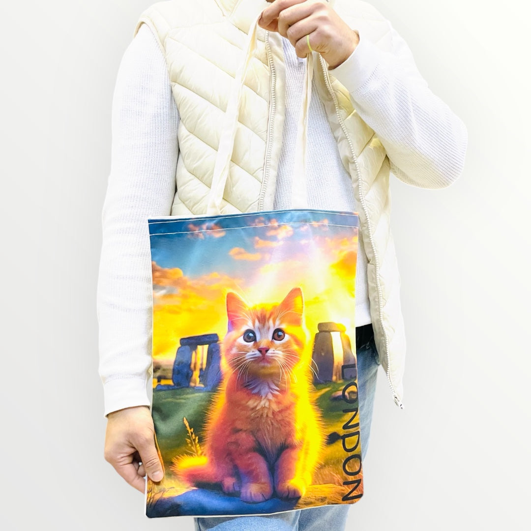 Cute Cat Print Tote Bags,London Cat Art Bag,Reusable Shopping Bag with Cats,Eco-Friendly Cat Canvas Bag,Stonehenge Cat Bag For Animal Lovers,Valentine’s Day Gift For Her
