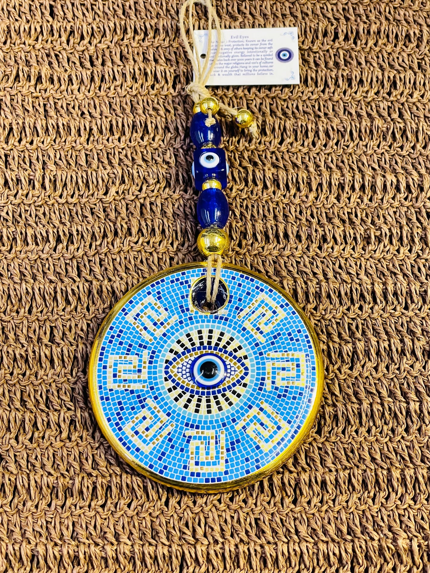 Gold Plated Blue Eye Mosaic Tile Design, Premium Glass Beads Wall Decor,Spiritual Gift for Family,Unique Home Blessing Ornament,Housewarming