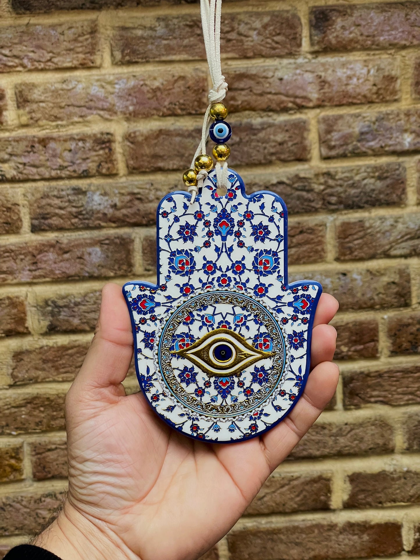 Hamsa Wall Hanging Blue Eye Ceramic Gold Charm, Good Luck Amulets 🪬 Wall Art,Home Decor,Fatima Hand