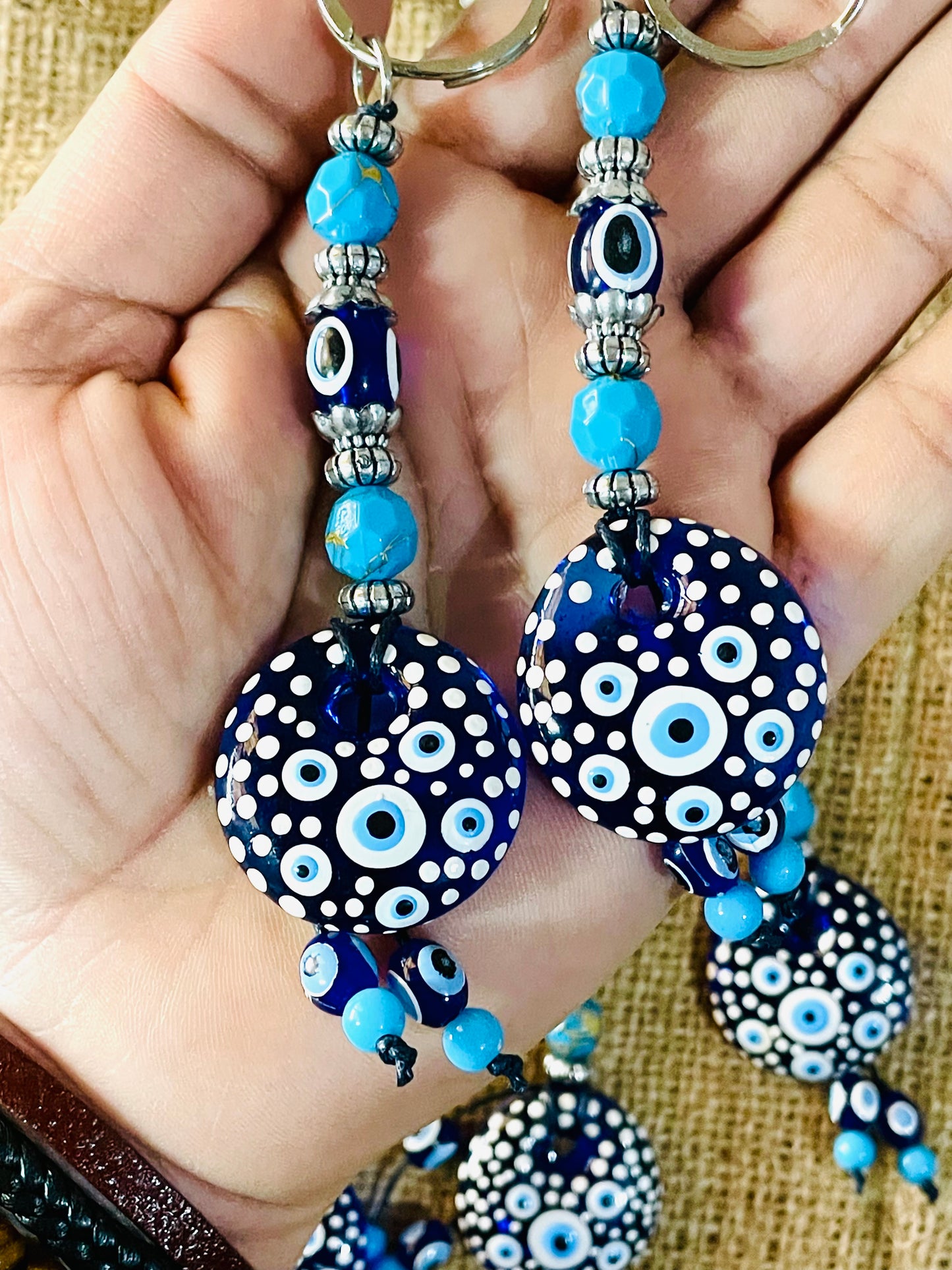 Women Good Luck Hand Painted Keychain,Unique blue Eyes Keychain, Bag Charm Hanging,Christmas gifts Keyring,Blue Eye Ornaments
