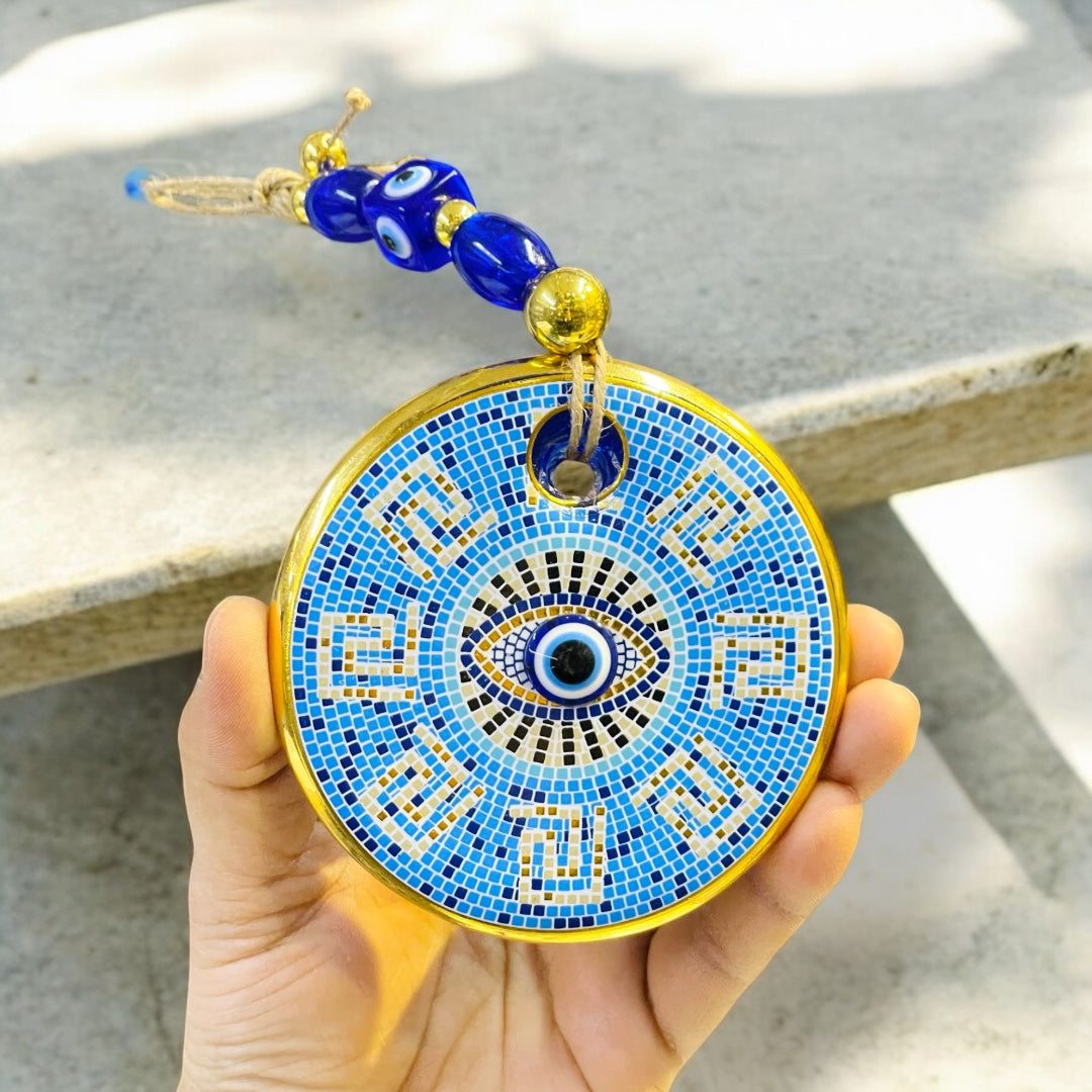 Gold Plated Blue Eye Mosaic Tile Design, Premium Glass Beads Wall Decor,Spiritual Gift for Family,Unique Home Blessing Ornament,Housewarming