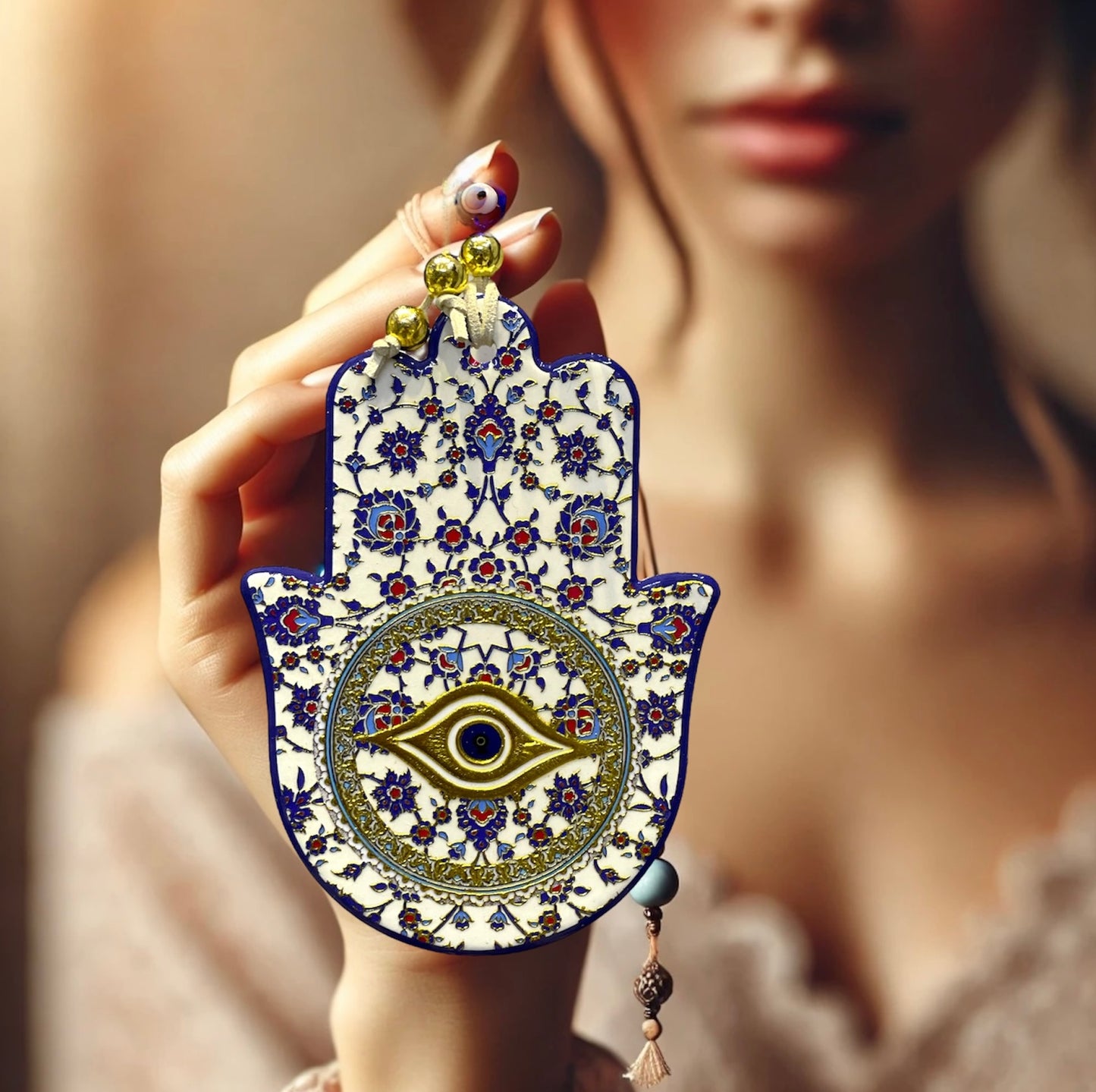 Hamsa Wall Hanging Blue Eye Ceramic Gold Charm, Good Luck Amulets 🪬 Wall Art,Home Decor,Fatima Hand