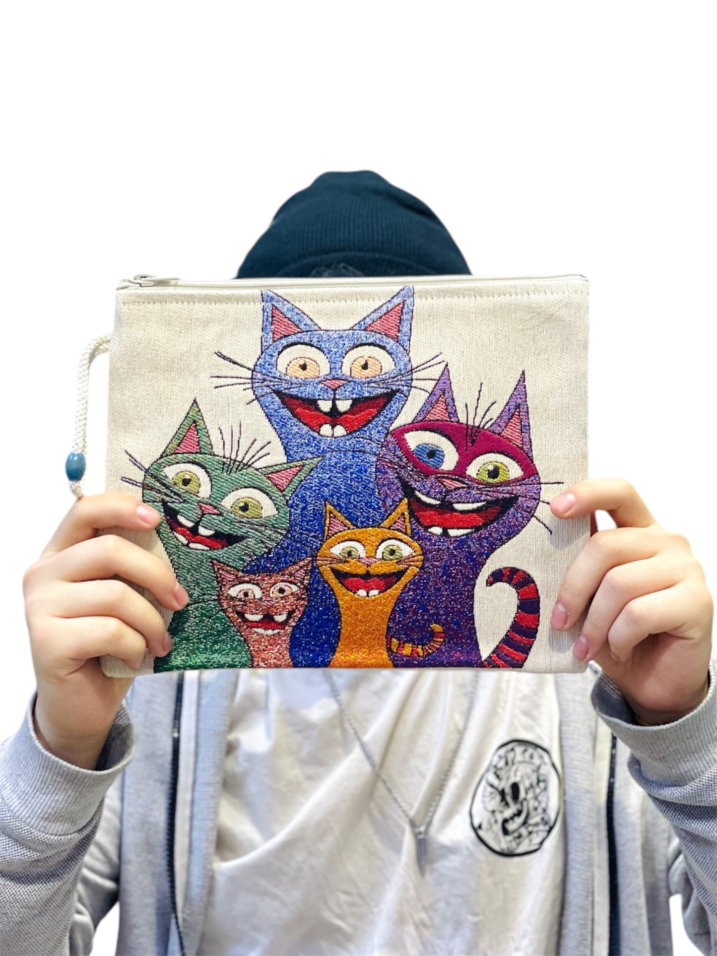 Funny Smiling Cat Canvas Bag,Cartoon Cat Design Tapestry Handbag Durable and Eco Friendly DesignOrganiser,Zipper Clutch Cute Cat Lovers Tote