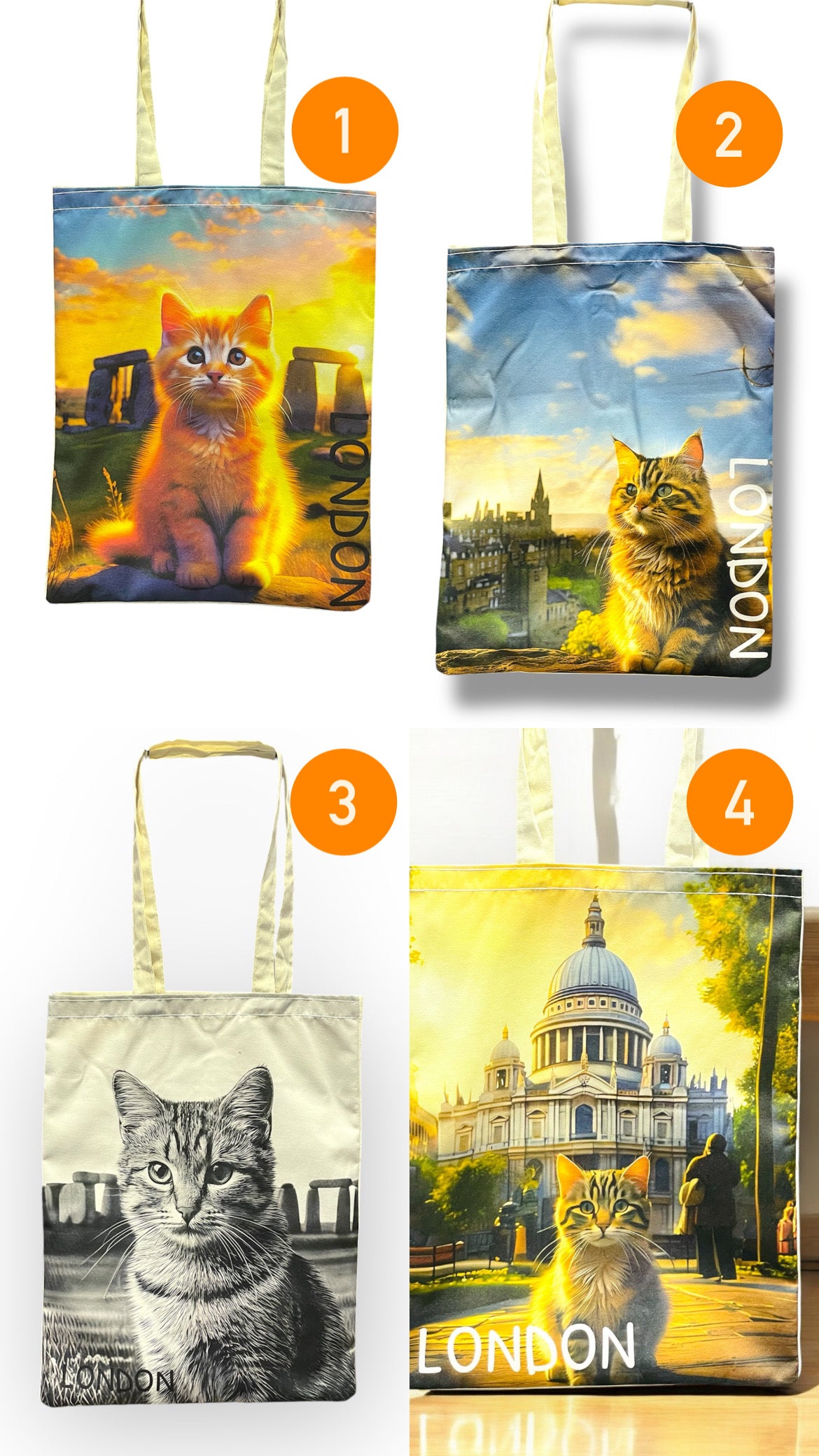 Cute Cat Print Tote Bags,London Cat Art Bag,Reusable Shopping Bag with Cats,Eco-Friendly Cat Canvas Bag,Stonehenge Cat Bag For Animal Lovers,Valentine’s Day Gift For Her