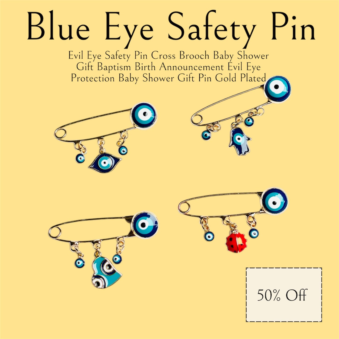 Evil Eye Safety Pin Cross Brooch With Loops,Baby Shower Gift Baptism Birth Announcement Evil Eye Protection Baby Shower Gift Pin Gold Plated