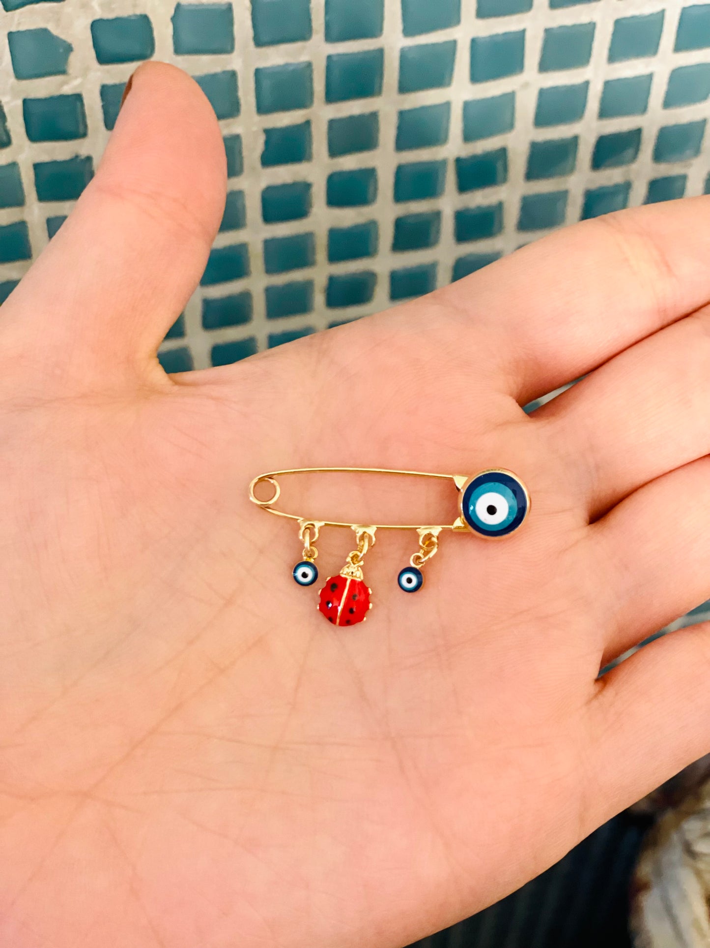 Evil Eye Safety Pin Cross Brooch With Loops,Baby Shower Gift Baptism Birth Announcement Evil Eye Protection Baby Shower Gift Pin Gold Plated