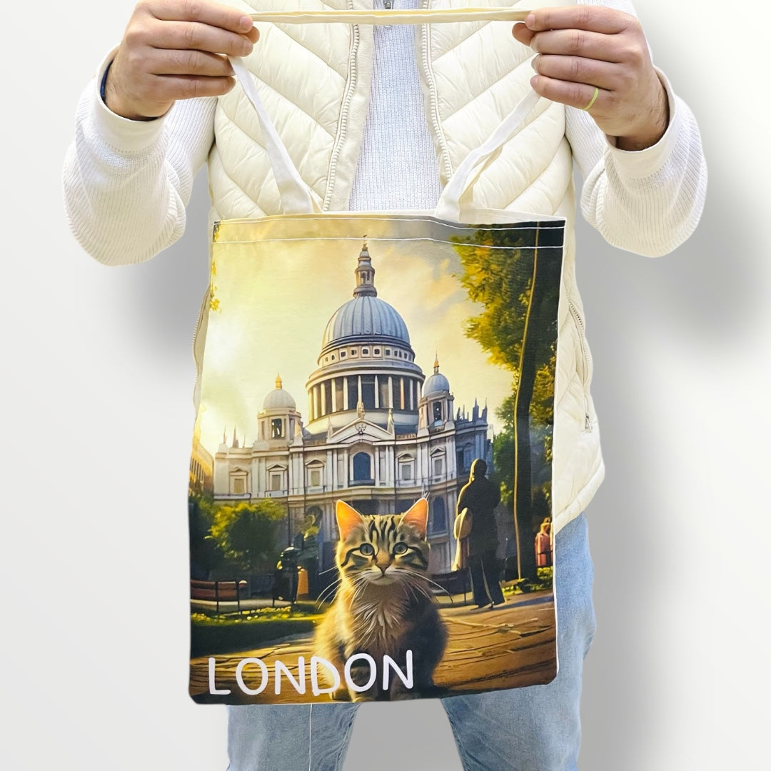 Cute Cat Print Tote Bags,London Cat Art Bag,Reusable Shopping Bag with Cats,Eco-Friendly Cat Canvas Bag,Stonehenge Cat Bag For Animal Lovers,Valentine’s Day Gift For Her