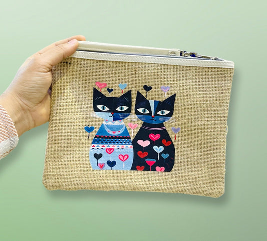 Cute charming tapestry jute bag,zipped,clutch bag,daily bag,makeup accessory bag for cat lovers, Christmas gift