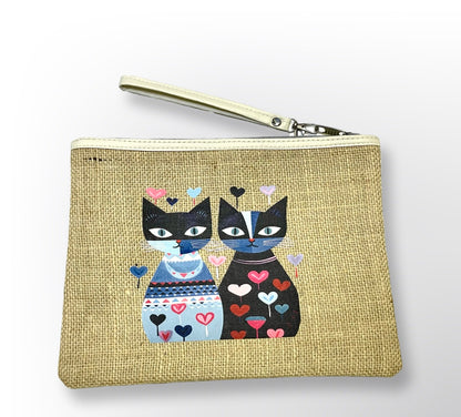 Cute charming tapestry jute bag,zipped,clutch bag,daily bag,makeup accessory bag for cat lovers, Christmas gift