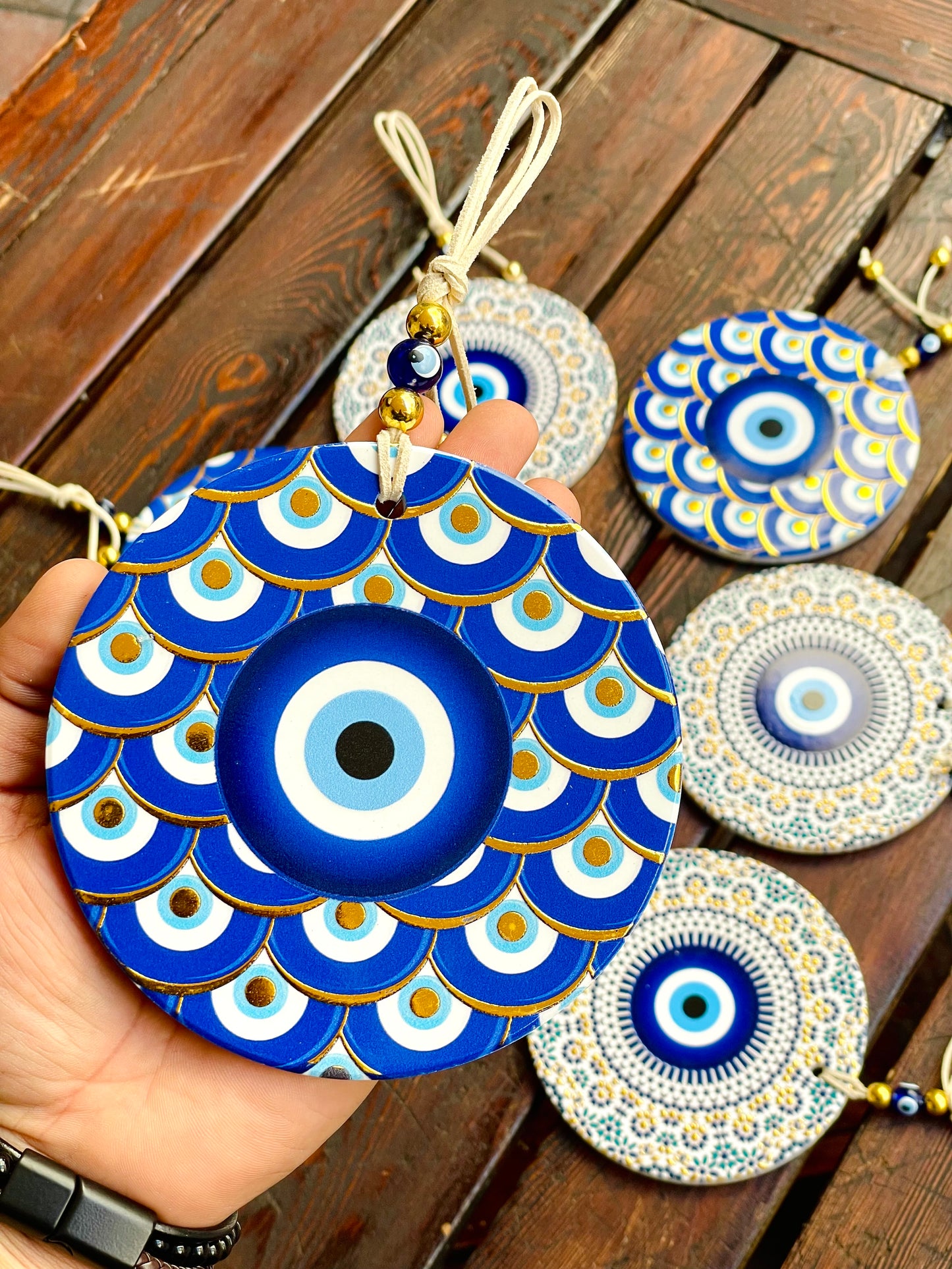 Ceramic Gold Decorated Blue Eye Wall Hanging,New Home Gift. Wall Art, Minimalist Eye Decor’ Ceramic Ornaments Christmas Gifts