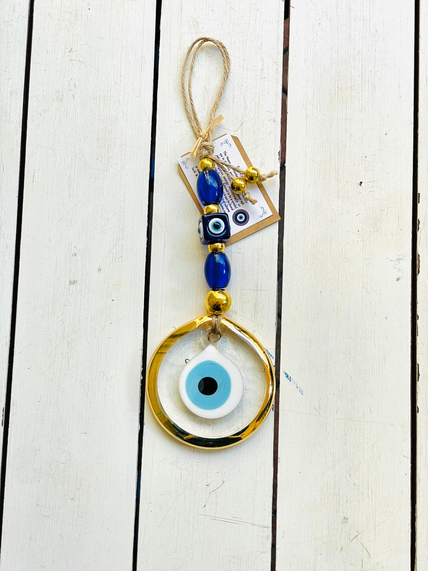 Glass Eye Home Decor,Gold Plated Transparent Glass Eye Wall Hanging,New Home Gift Idea Charm,Christmas Gift, Stunning Blue Nazar Eye