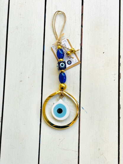 Glass Eye Home Decor,Gold Plated Transparent Glass Eye Wall Hanging,New Home Gift Idea Charm,Christmas Gift, Stunning Blue Nazar Eye