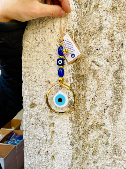 Glass Eye Home Decor,Gold Plated Transparent Glass Eye Wall Hanging,New Home Gift Idea Charm,Christmas Gift, Stunning Blue Nazar Eye