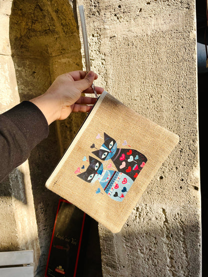 Cute charming tapestry jute bag,zipped,clutch bag,daily bag,makeup accessory bag for cat lovers, Christmas gift