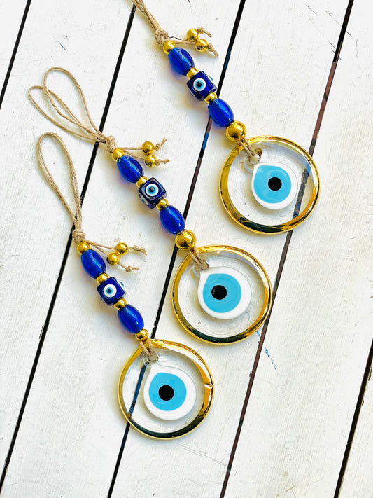 Glass Eye Home Decor,Gold Plated Transparent Glass Eye Wall Hanging,New Home Gift Idea Charm,Christmas Gift, Stunning Blue Nazar Eye