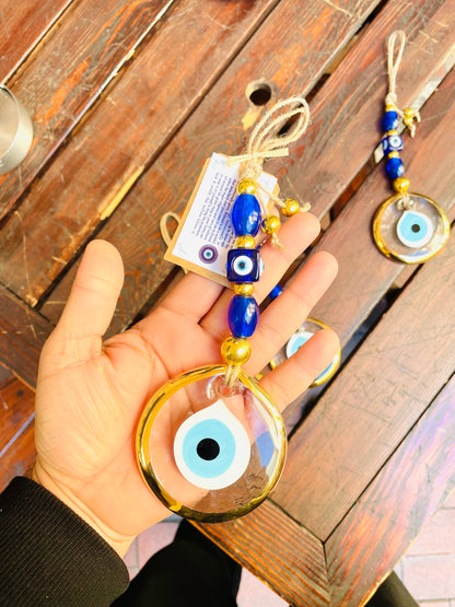 Glass Eye Home Decor,Gold Plated Transparent Glass Eye Wall Hanging,New Home Gift Idea Charm,Christmas Gift, Stunning Blue Nazar Eye