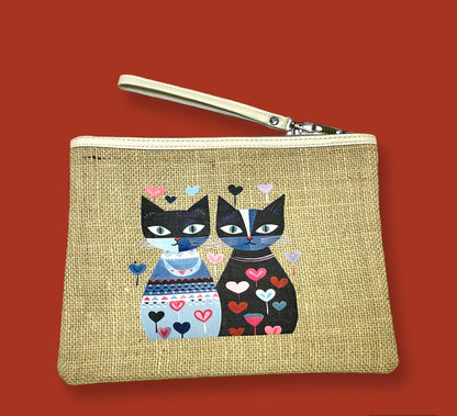 Cute charming tapestry jute bag,zipped,clutch bag,daily bag,makeup accessory bag for cat lovers, Christmas gift