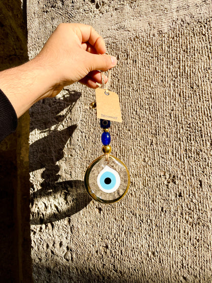 Glass Eye Home Decor,Gold Plated Transparent Glass Eye Wall Hanging,New Home Gift Idea Charm,Christmas Gift, Stunning Blue Nazar Eye